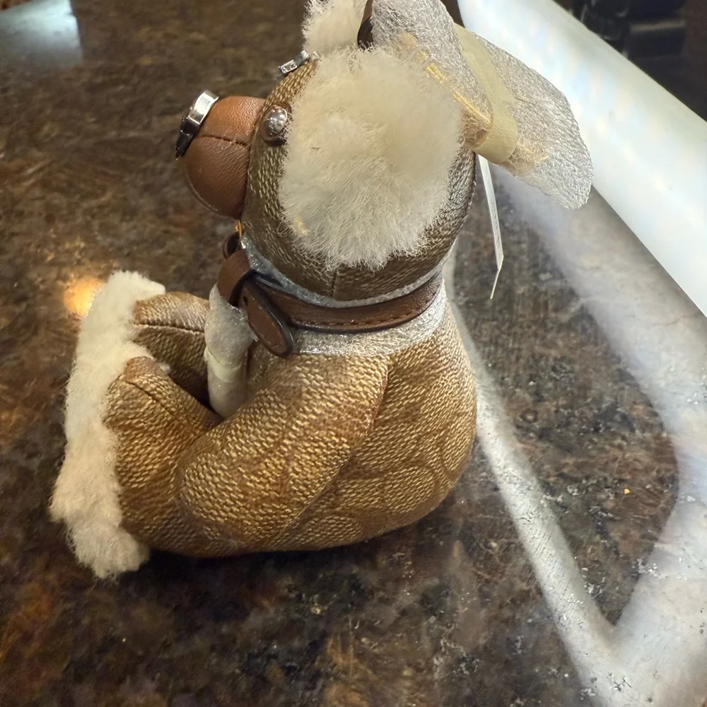 Rare Coach Monogram Tan and Cream Sitting Teddy Bear Keychain